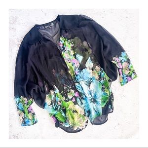 CSC Studio Vintage Floral Watercolor Black Blue Chiffon Cardigan Raglan …